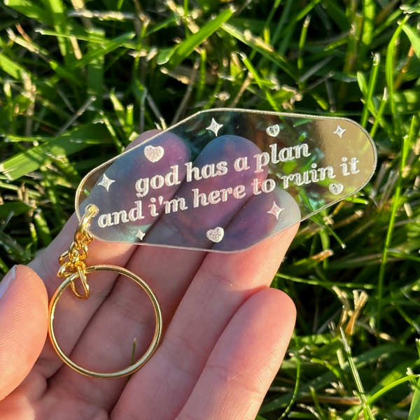 MOTEL TAG KEYCHAIN - GOD HAS A PLAN AND I'M HERE TO RUIN IT