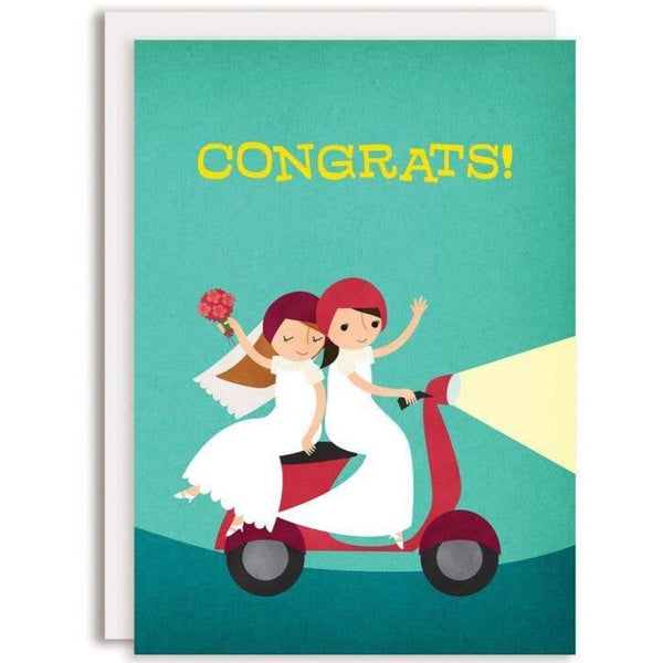 2 BRIDES ON MOPED WEDDING CARD