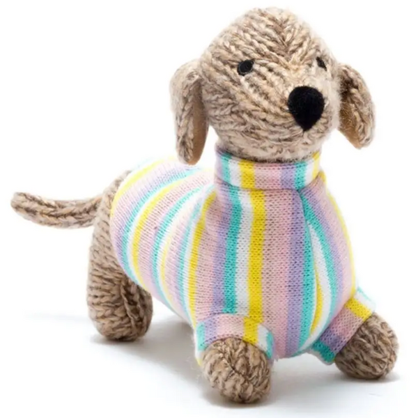 HAND KNITTED RATTLE - SAUSAGE DOG IN PASTEL SWEATER