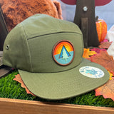 OLIVE GREEN CAMPER HAT WITH SUNRISE TREE PATCH