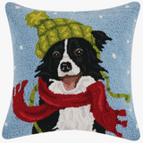 HOLIDAY BORDER COLLIE WOOL HOOKED PILLOW