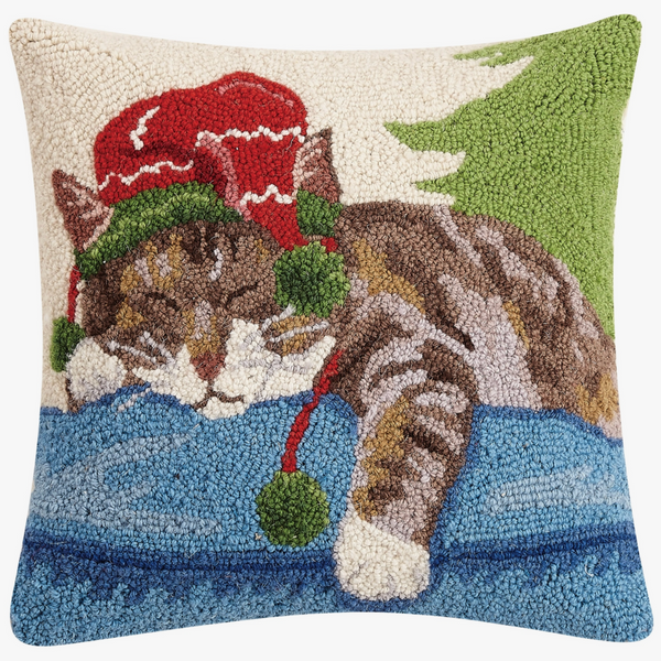 HOLIDAY CAT NAP WOOL HOOKED PILLOW