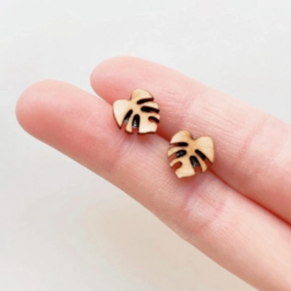 monstera deliciosa earrings Wooden Monstera Deliciosa Leaf Stud Earrings