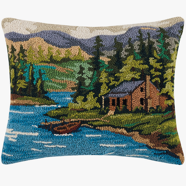 CABIN BY THE LAKE WOOL HOOKED PILLOW