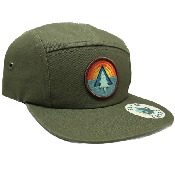 OLIVE GREEN CAMPER HAT WITH SUNRISE TREE PATCH