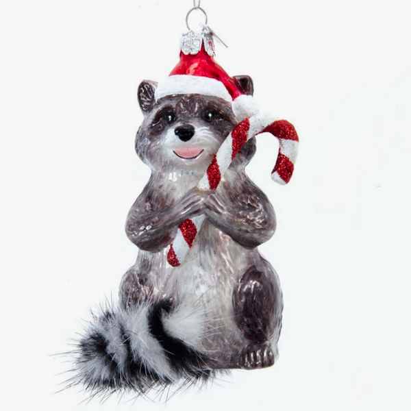GLASS ORNAMENT - RACCOON WITH CANDY CANE