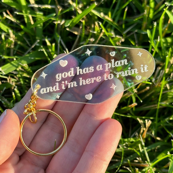 Motel Tag Keychain - God Has A Plan And I'm Here To Ruin It