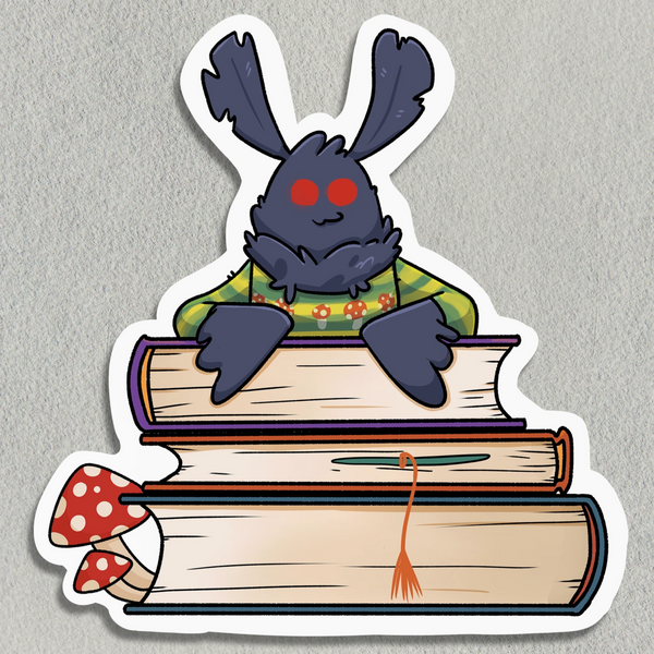 MOTHMAN WITH A STACK OF BOOKS STICKER