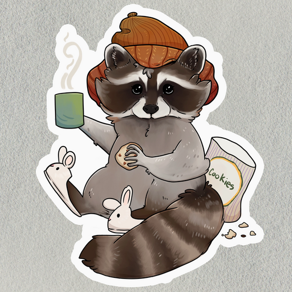 RACCOON WITH CUPPA + COOKIES STICKER