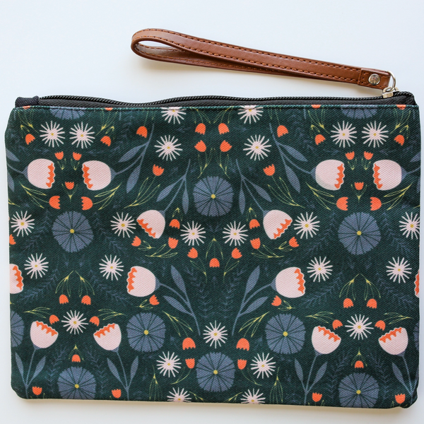 NIGHT FLOWERS ZIP POUCH WITH STRAP