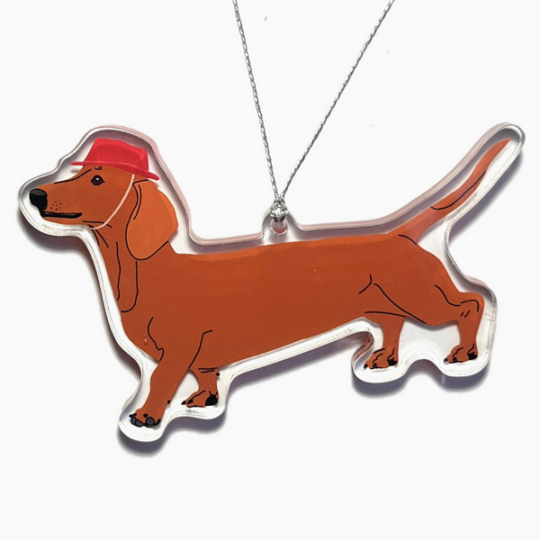 ACRYLIC ORNAMENT - WEINER DOG IN A HAT