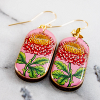 Pink Chrysanthemom Flower Oblong Earrings