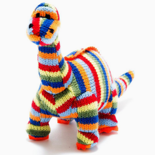 Hand Knitted Rattle - Rainbow Diplodocus Dinosaur