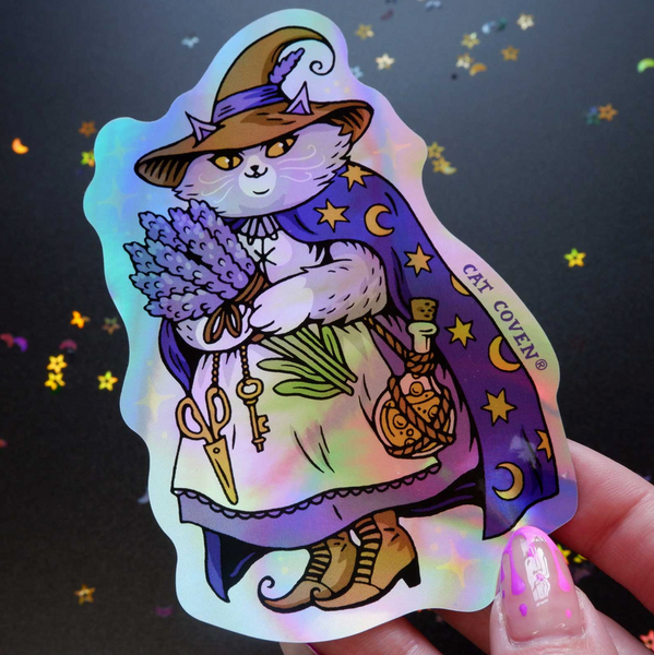 Lavender Witch Cat Holographic Sticker