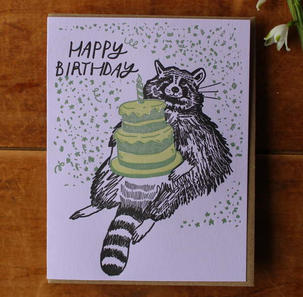 Raccoon Holding Cake Birthday Card