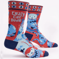 Blue Q Men's Crew Socks - Crazy Cat Dude