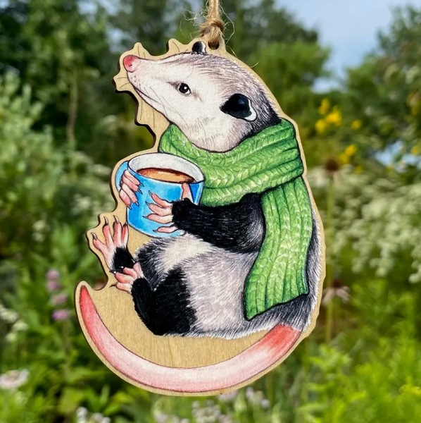 Illustrated Wood Ornament - Cozy Opossum With Mug