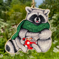 Illustrated Wood Ornament - Cozy Raccoon With Mug