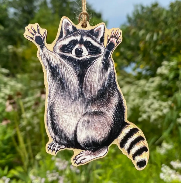 Illustrated Wood Ornament - Happy Raccoon