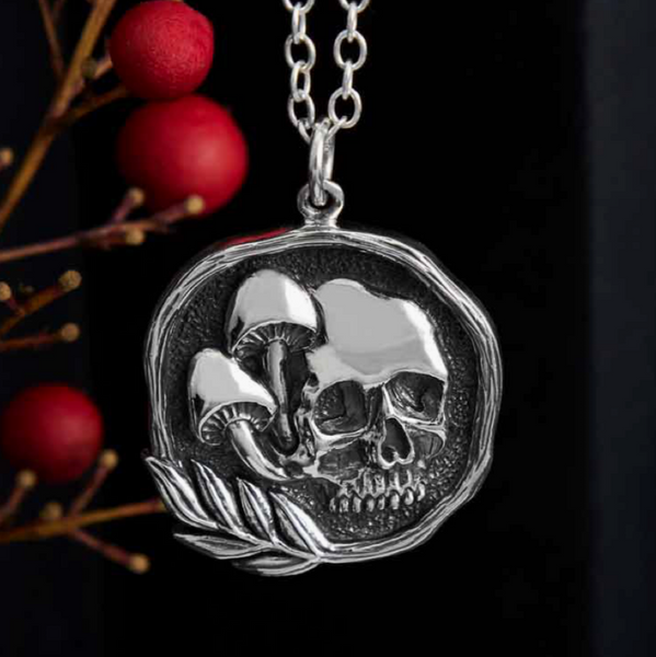 Sterling Silver Skull + Mushroom Necklace