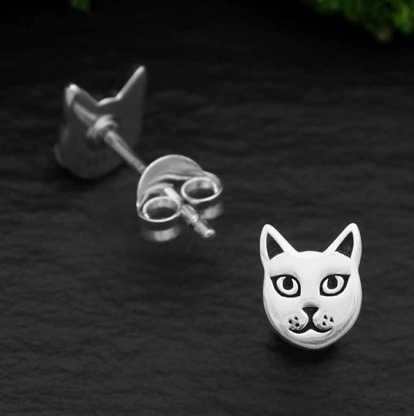 Sterling Silver Cat Face Stud Earrings