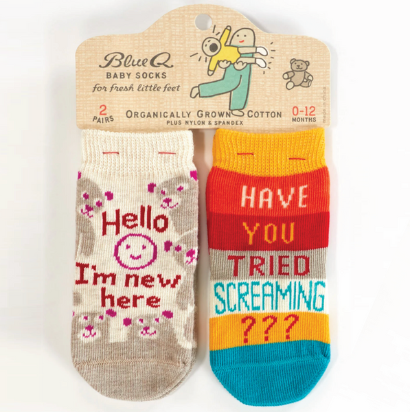 Blue Q Baby Socks - Hello I'm New Here / Have You Tried Screaming?