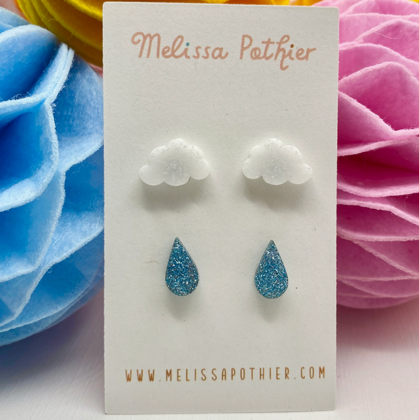 Clouds + Raindrops Stud Earrings Set