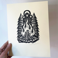 Campfire At Night Linocut Print