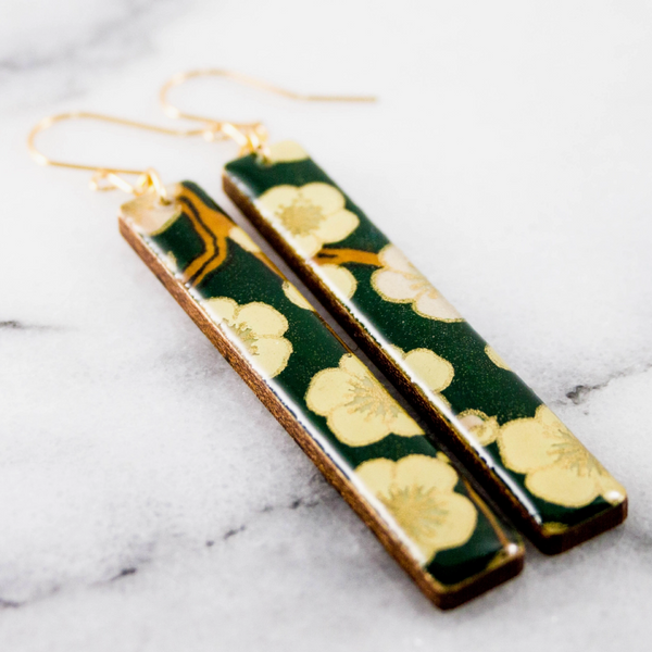 Dark Green Cherry Blossom Bar Earrings