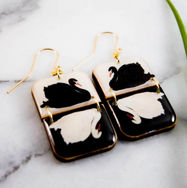 French Swan Half Rectangle Stack Earrings