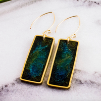 Green Swirl Brass Rectangle Earrings