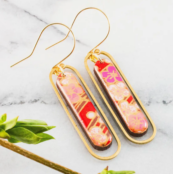 Red Cherry Blossom Brass Loop Earrings