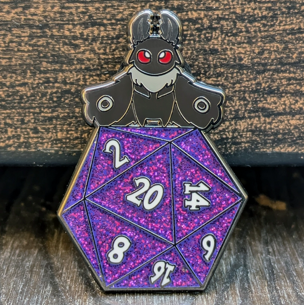 Mothman On Glitter D20 Enamel Pin