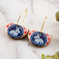 Vintage Red + Blue Rabbit Drop Hoop Earrings