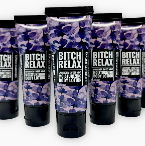 Multiple bottles of 'Bitch Relax' body lotion with floral design on a white background