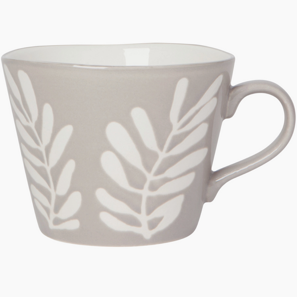 Gray mug with white leaf patterns on a white background