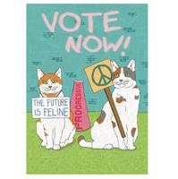 Cartoon cats holding signs with political messages on a green background