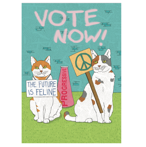 Cartoon cats holding signs with political messages on a green background
