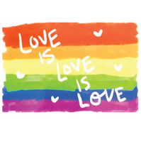 Rainbow flag with 'Love is Love' text on a white background