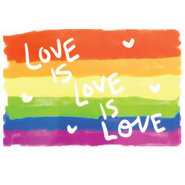 Rainbow flag with 'Love is Love' text on a white background