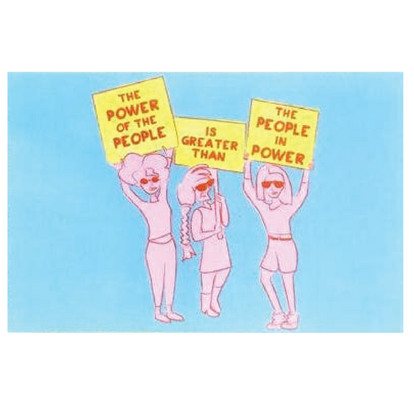 Cartoon characters holding signs with political messages on a light blue background