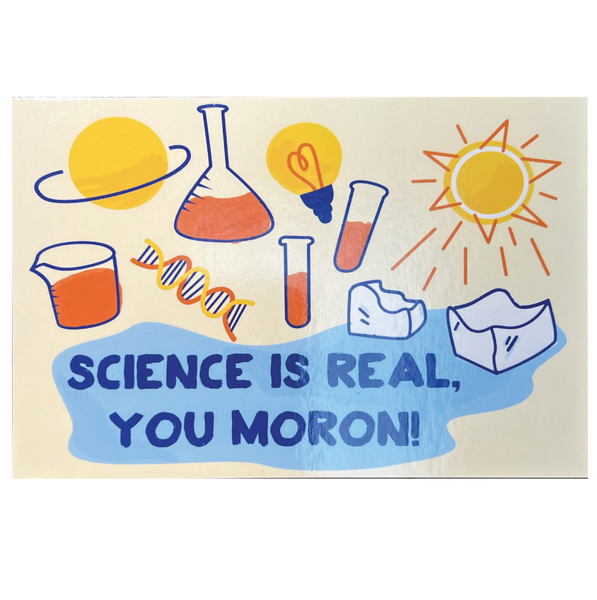 Cartoon-style illustration with scientific elements and text on a beige background