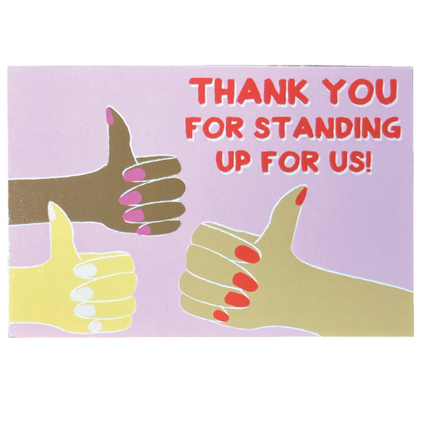 Card with illustrated hands giving thumbs up on a purple background with text.