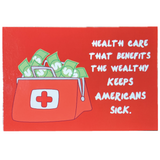 Cartoon illustration of a first aid kit with money and text on a red background