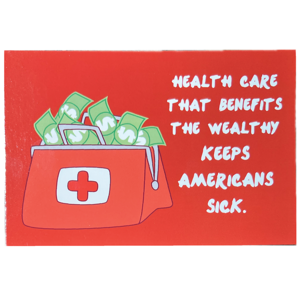 Cartoon illustration of a first aid kit with money and text on a red background