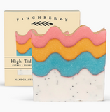 Colorful soap bar with wavy design and 'Finchberry' branding on a white background