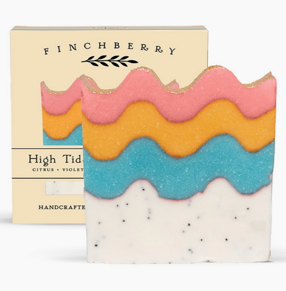 Colorful soap bar with wavy design and 'Finchberry' branding on a white background