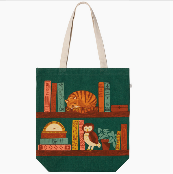 Tote bag with bookshelf design on a white background