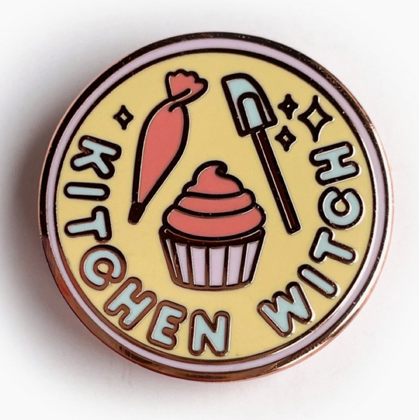 Round badge with 'Kitchen Witch' text and icons on a white background