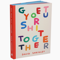 Book titled 'Get Your Shit Together' by David Shrigley with colorful text on a white background